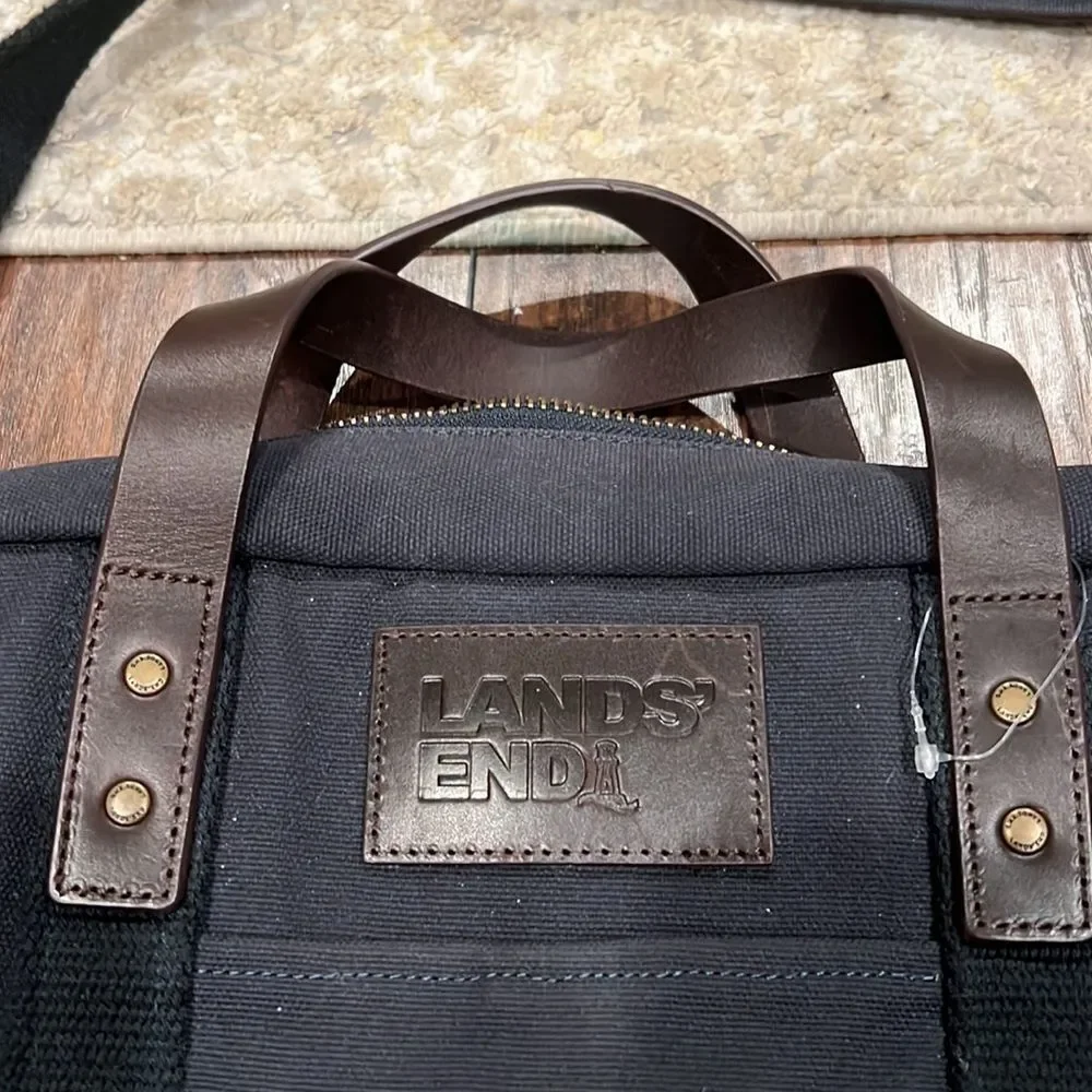 VTG Lands End Direct Merchant dark Canvas leather Messenger Bag Two Compartment